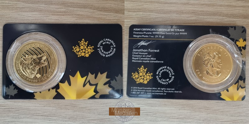 Kanada  200 Dollar MM-Frankfurt Feingold: 31,1g Wolf 2014 