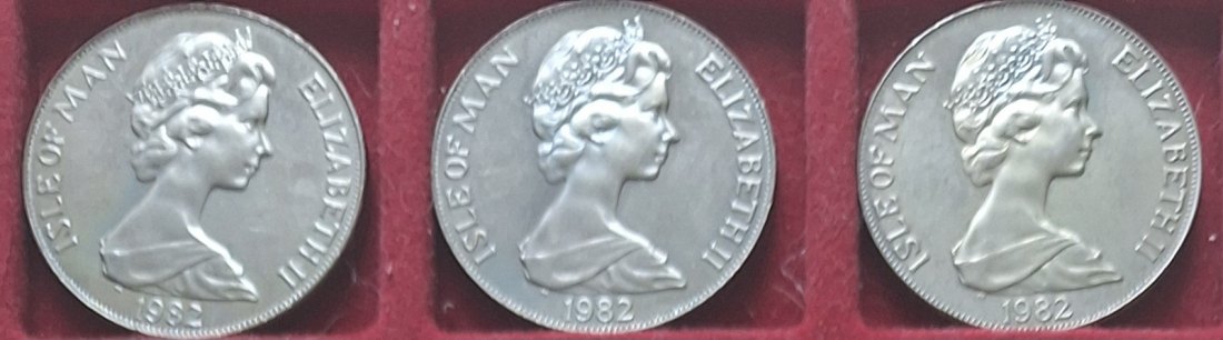  Isle of Man, 3x1Crown, 1982 Elizabeth II, Sommer-Olypiade LA 85g 1/2Startpreis   