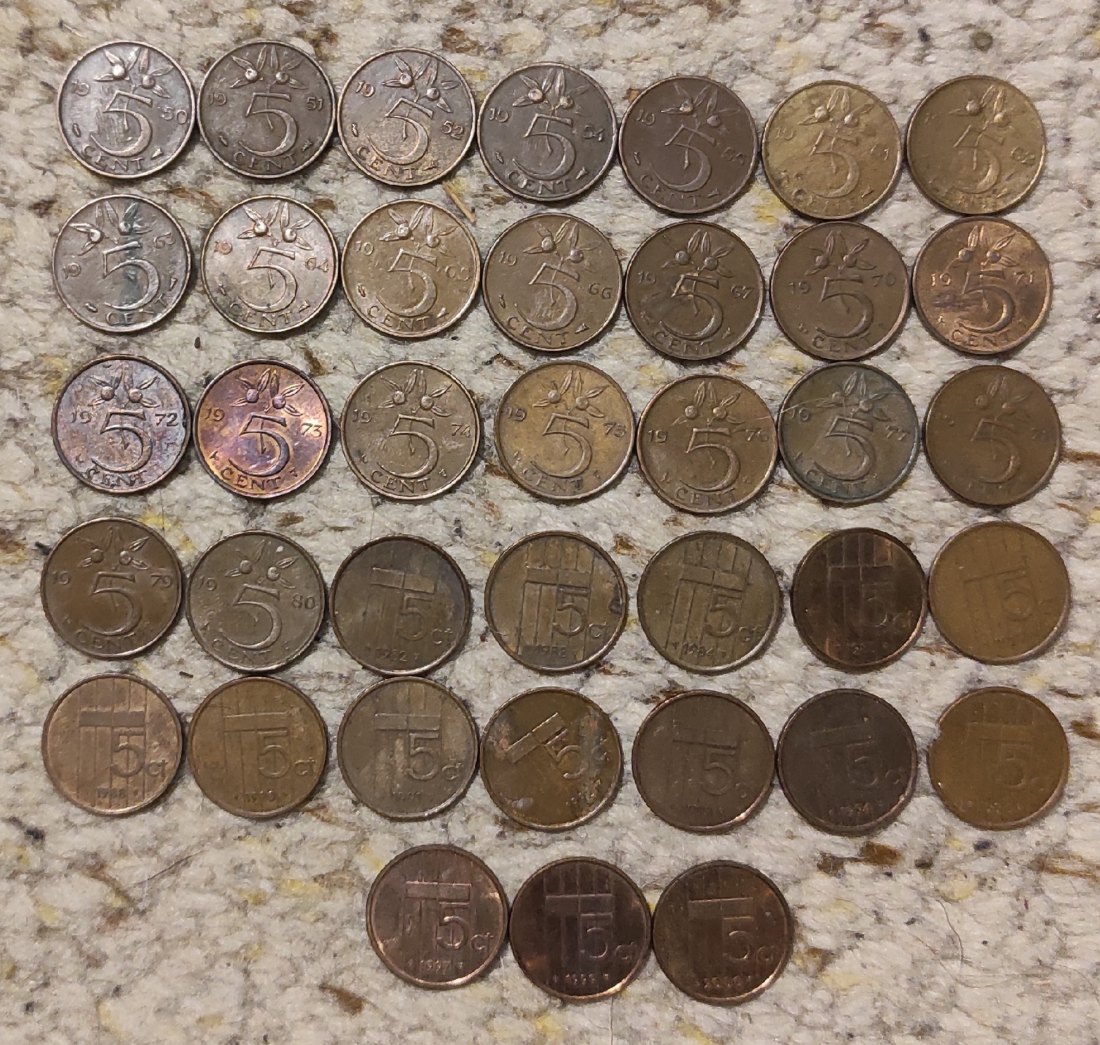  Set 124: Niederlande Münzlot mit 38 x 5 Cent verschiedener Jahrgänge   