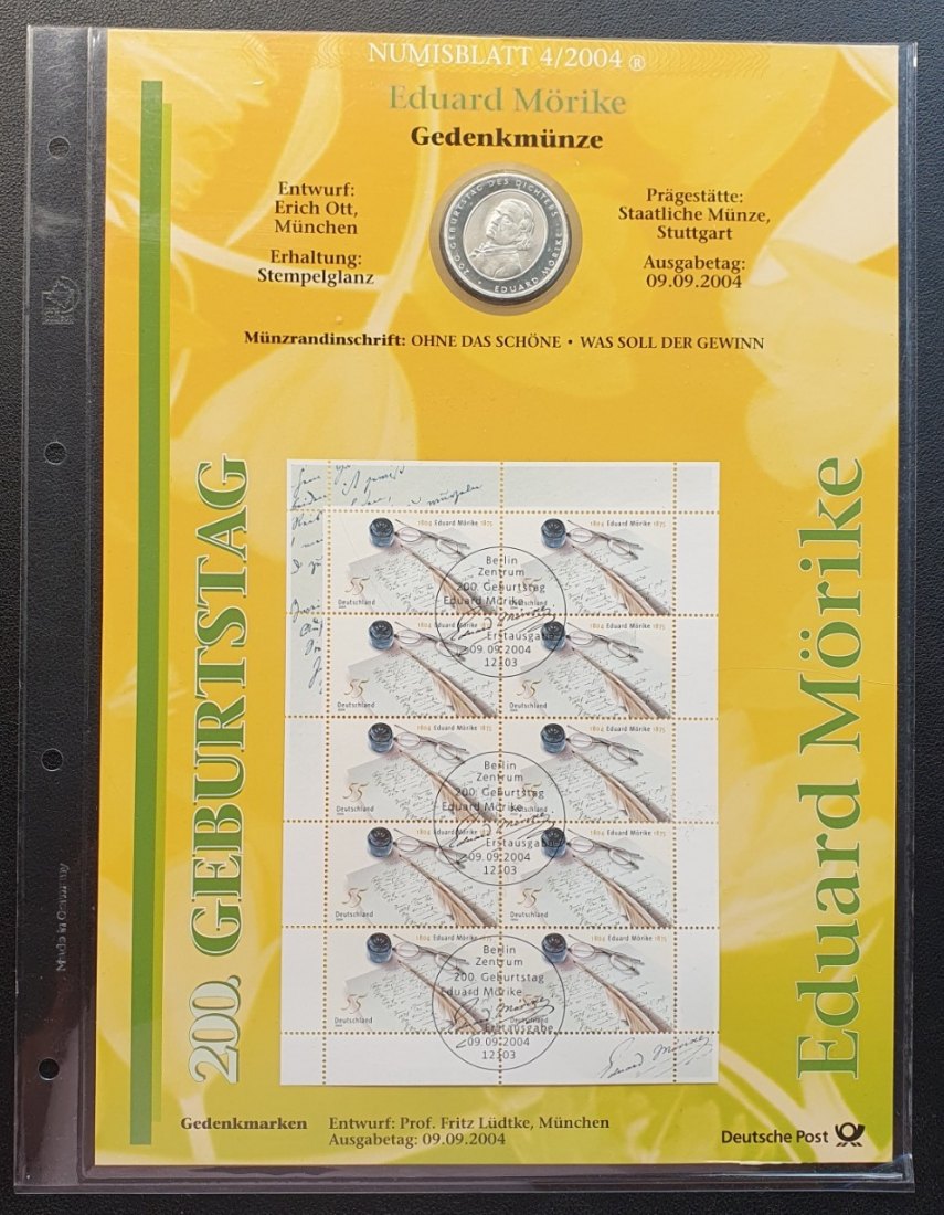 Deutschland 10 Euro 2004 F Eduard Mörike im Numisblatt der Deutschen Post Silber 16,65g fein