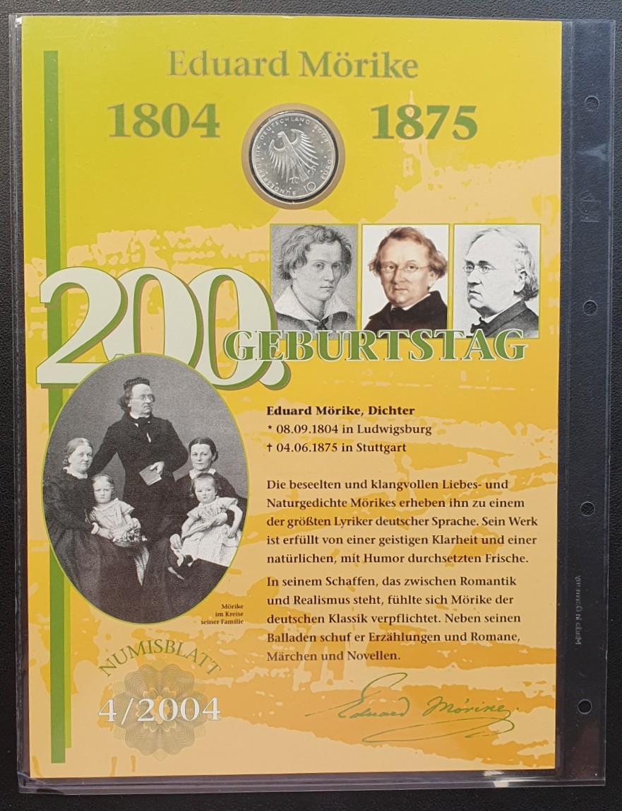  Deutschland 10 Euro 2004 F Eduard Mörike im Numisblatt der Deutschen Post Silber 16,65g fein   