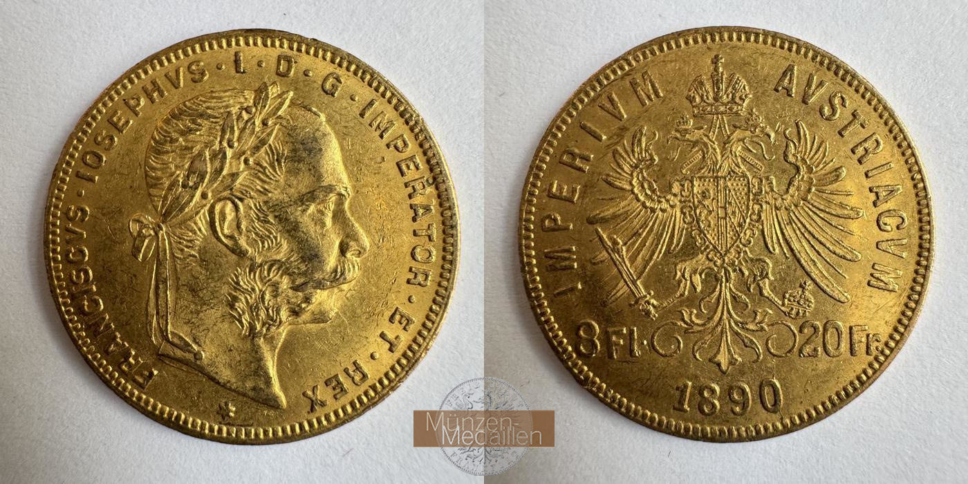  Österreich 8 Florins / 20 Francs Francis Joseph I 1890 MM-Frankfurt KM#2269 Feingold: 5,8g   
