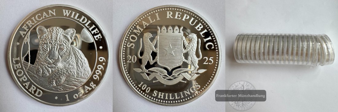  Somalia 20x 100 Shillings (Leopard) 2025 African Wildlife FM-Frankfurt KM#464 Feinsilber: 622g   