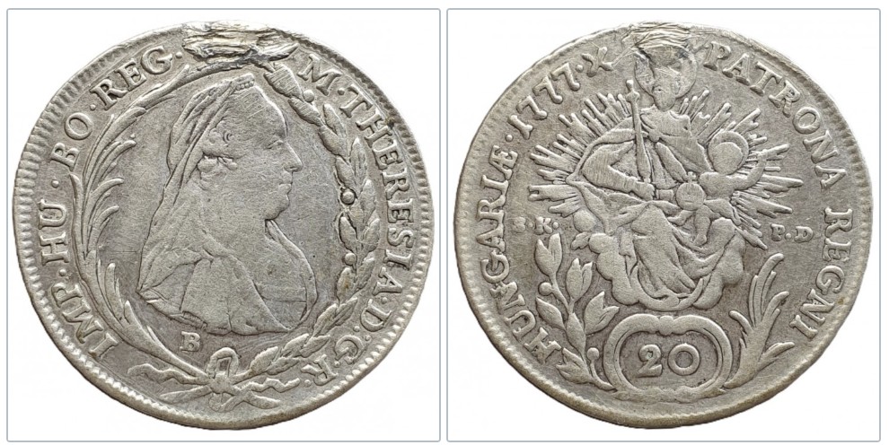  Ungarn 20 Kreuzer, 1777 Münzzeichen SK-PD mit Henkelspur Silber   