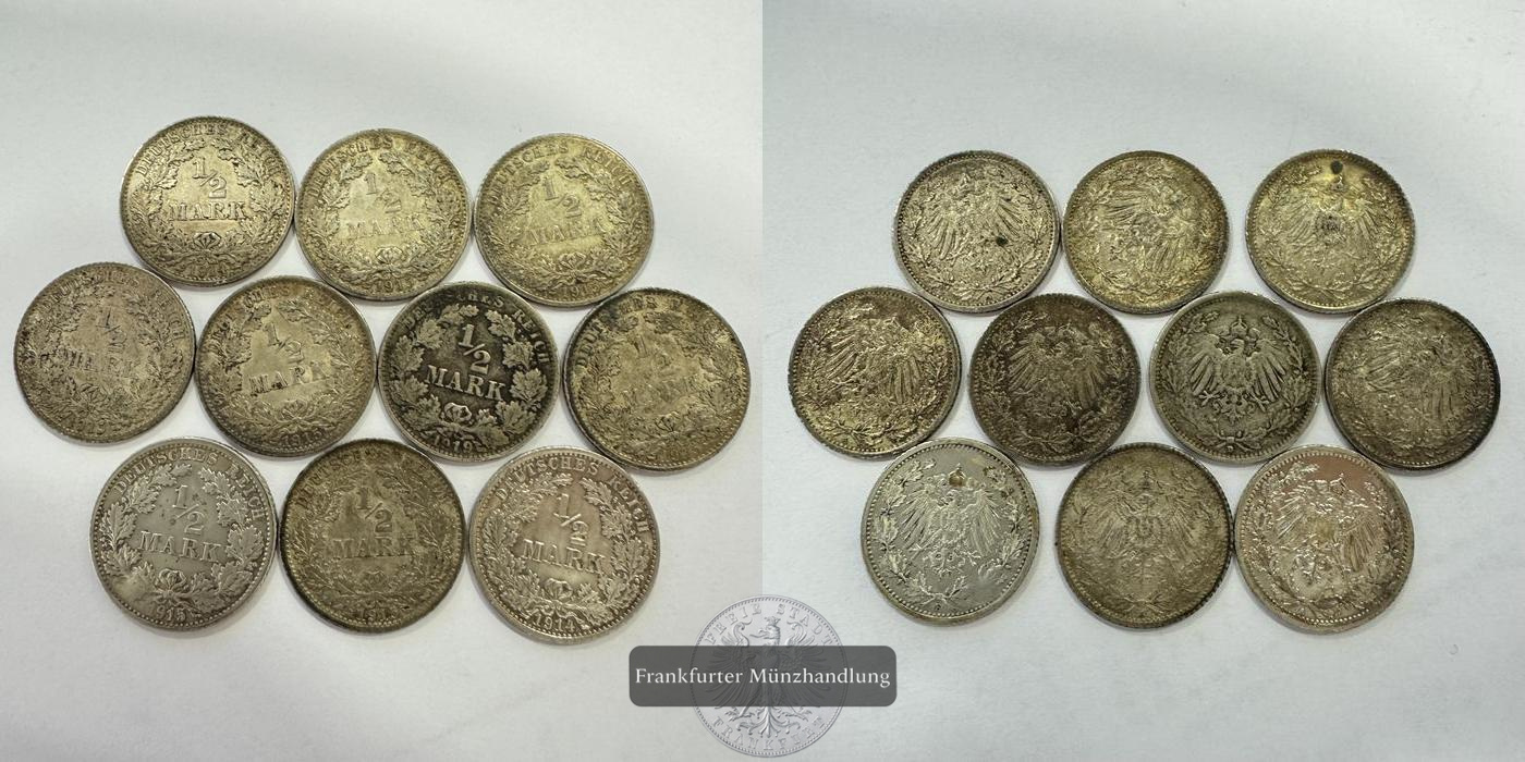  LOT: Dt. Kaiserreich 10x 1/2 Mark 1914-1919 FM-Frankfurt KM#17 Feinsilber: 25g   