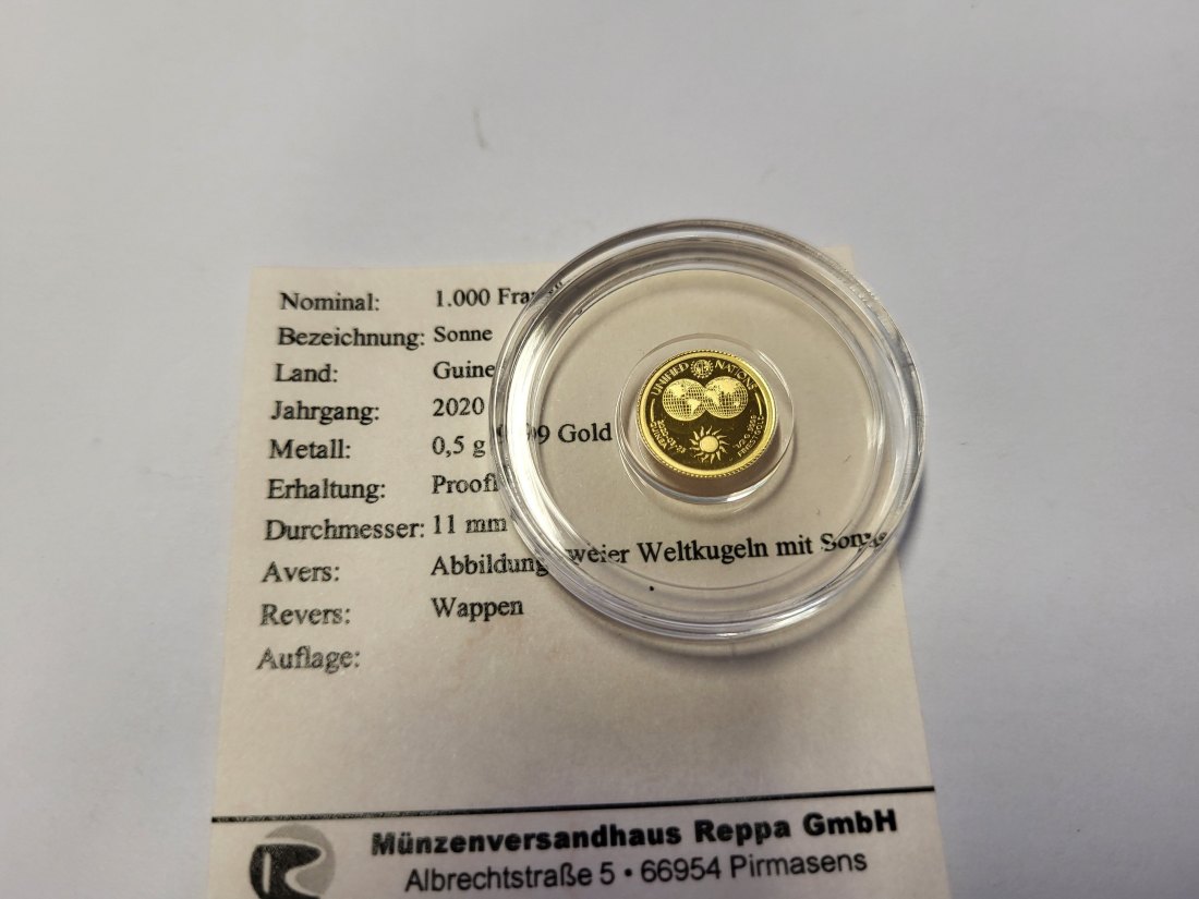  1000 Francs 2020 Sonne Unified Nation Goldmünze 0,5g 9999 Guinea Spittalgold9800 (5525   
