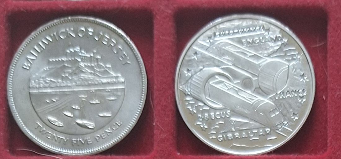  Jersey 1977 25 Pence Elisabeth II, 25.Regierungsjubiläum 2,8 Ecu Gibraltar 1993 Eurotunnel   