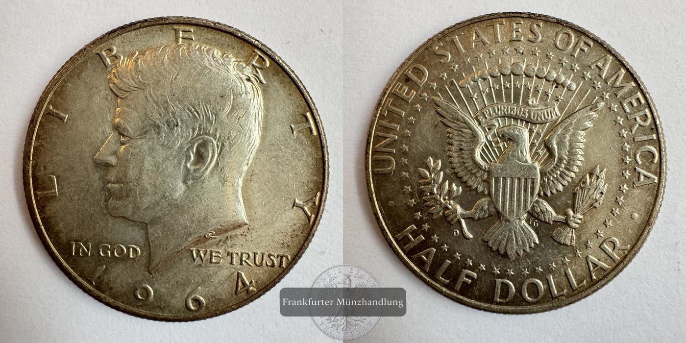  USA ½ Dollar Kennedy Half Dollar (90% Silver) 1964 'D' FM-Frankfurt KM#202 Feinsilber: 10g   