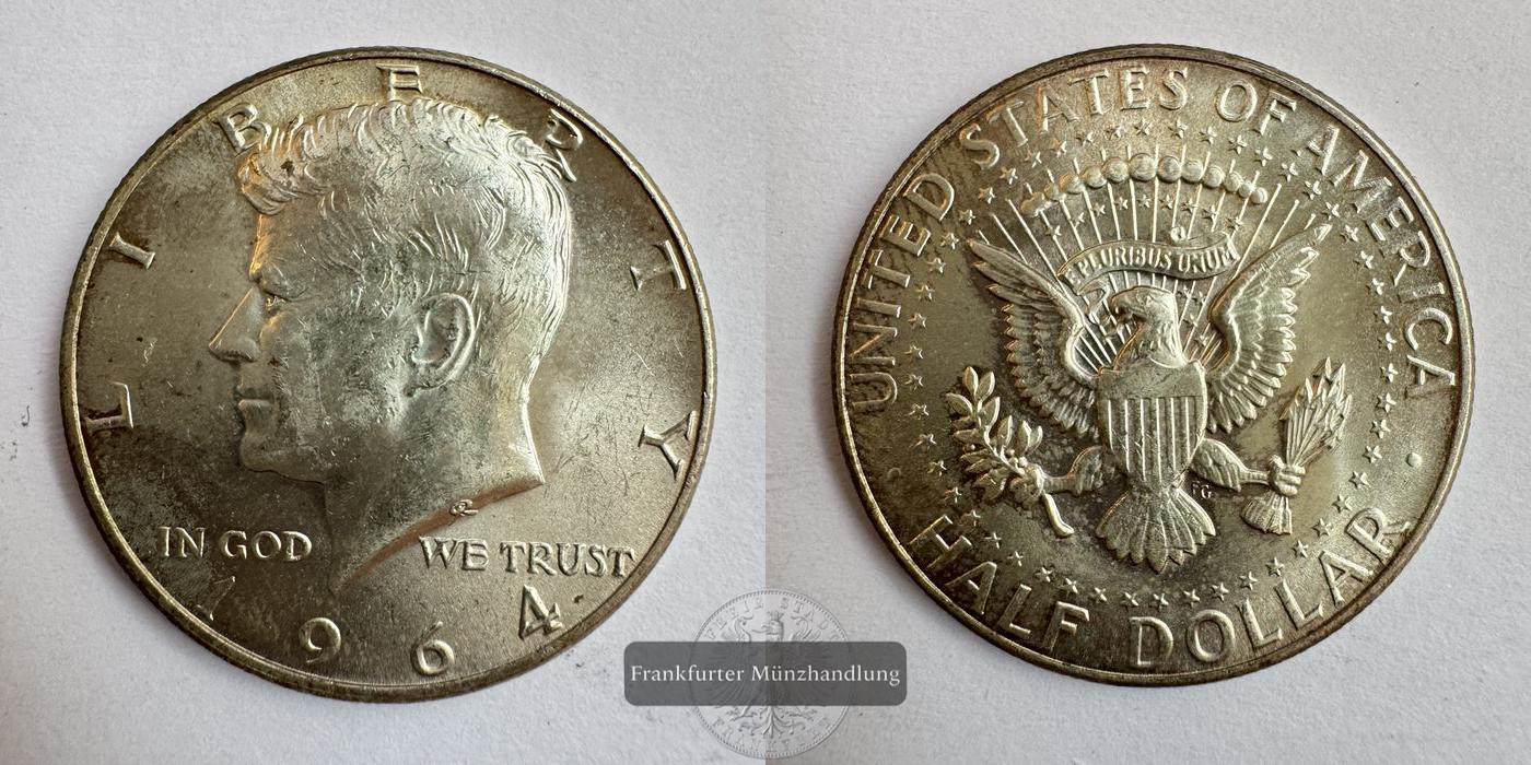  USA ½ Dollar Kennedy Half Dollar (90% Silver) 1964 FM-Frankfurt KM#202 Feinsilber: 10g   