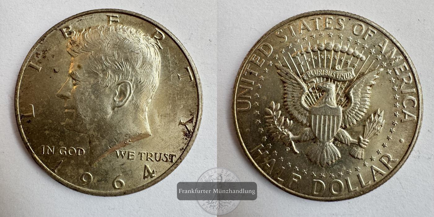  USA ½ Dollar Kennedy Half Dollar (90% Silver) 1964 'D' FM-Frankfurt KM#202 Feinsilber: 10g   