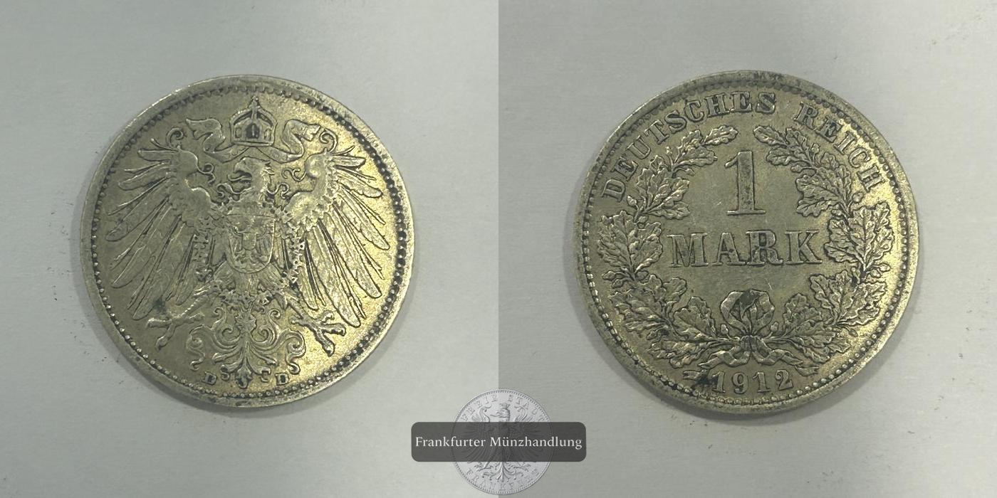  Deutschland 1 Mark (small shield / large eagle) 1912 D FM-Frankfurt KM#14 Feinsilber: 5,00g   