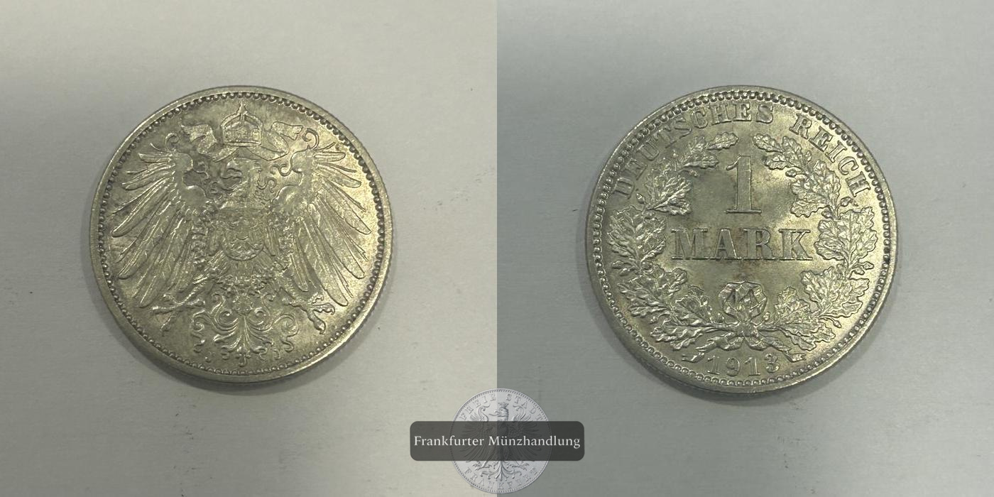  Deutschland 1 Mark (type 2 - small shield / large eagle) 1913 J FM-Frankfurt KM#14 Feinsilber: 5,00g   