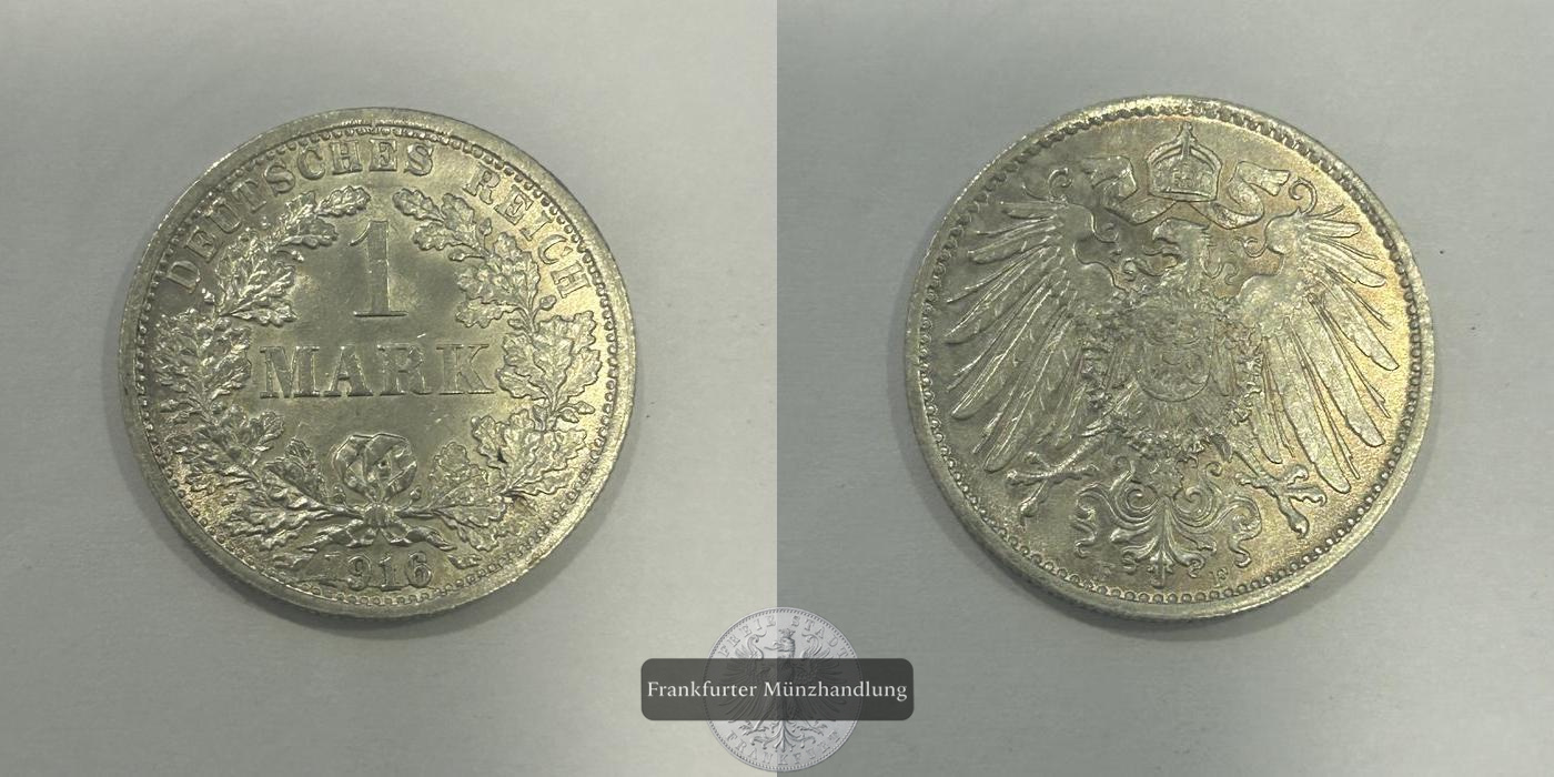  Deutschland 1 Mark (type 2 - small shield / large eagle) 1916 F FM-Frankfurt KM#14 Feinsilber: 5,00g   