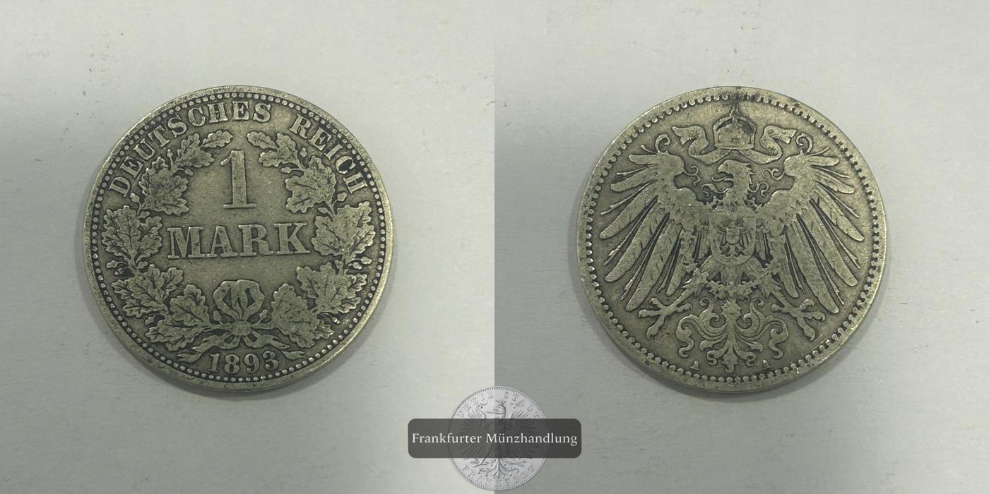  Deutschland 1 Mark (type 2 - small shield / large eagle) 1893 A FM-Frankfurt KM#14 Feinsilber: 5,00g   