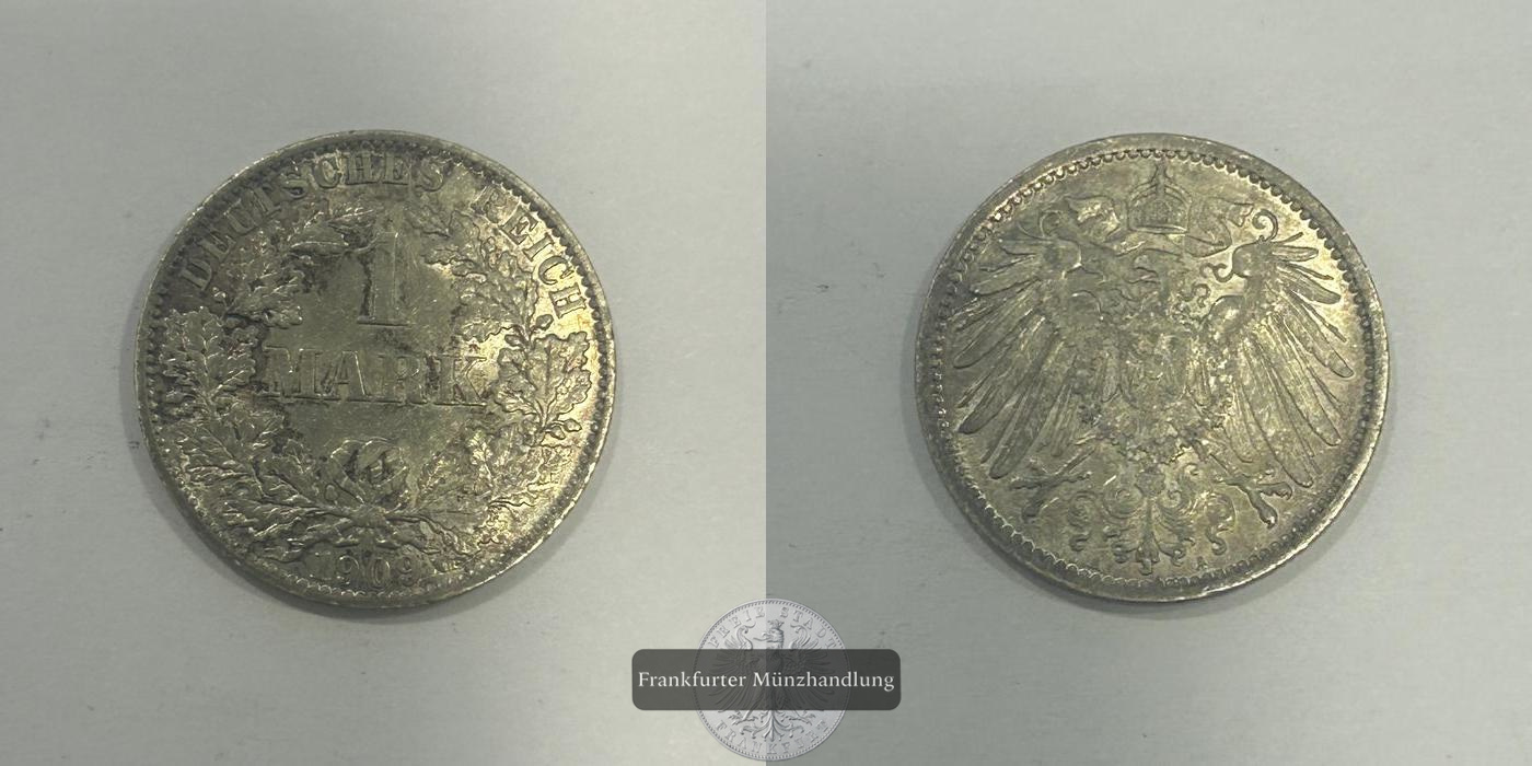  Deutschland 1 Mark (type 2 - small shield / large eagle) 1909 A FM-Frankfurt KM#14 Feinsilber: 5,0g   