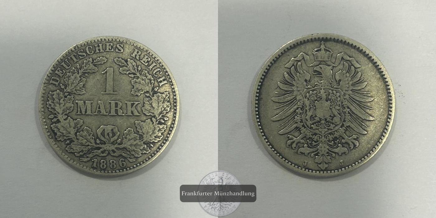  Deutschland 1 Mark (type 1 - large shield / small eagle) 1886 J FM-Frankfurt KM#7 Feinsilber: 5,0g   