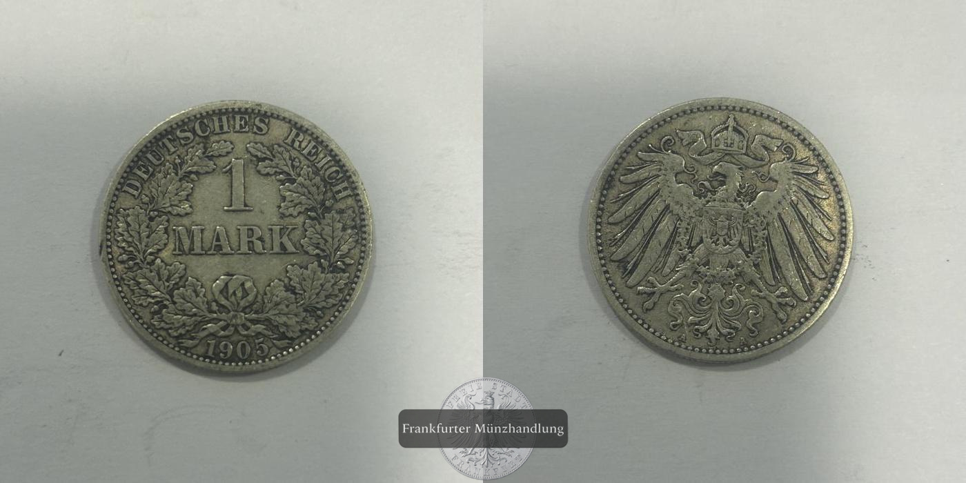  Deutschland 1 Mark (type 2 - small shield / large eagle) 1905 A FM-Frankfurt KM#14 Feinsilber: 5,0g   