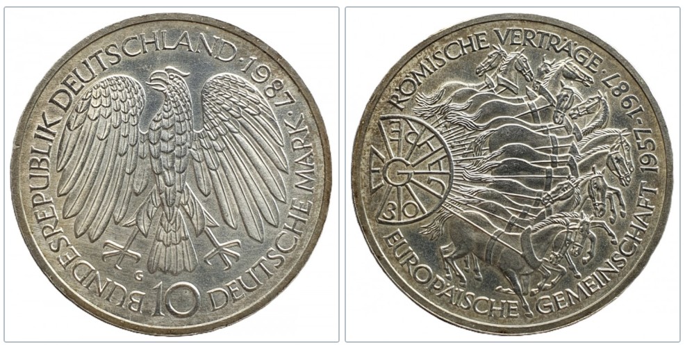  Deutschland 10 Mark, 1987 30 Jahre Römische Verträge Silber 9,69g fein   