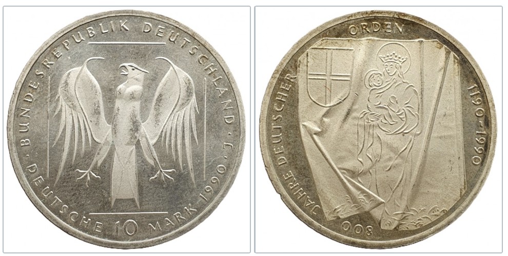  Deutschland 10 Mark, 1990 800 Jahre Deutscher Orden Silber 9,69g fein mit Echtheits-Zertifikat   