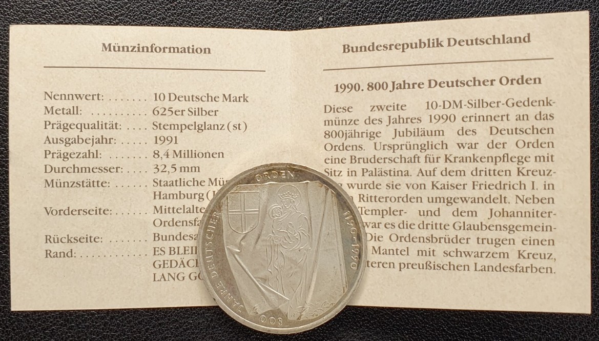  Deutschland 10 Mark, 1990 800 Jahre Deutscher Orden Silber 9,69g fein mit Echtheits-Zertifikat   