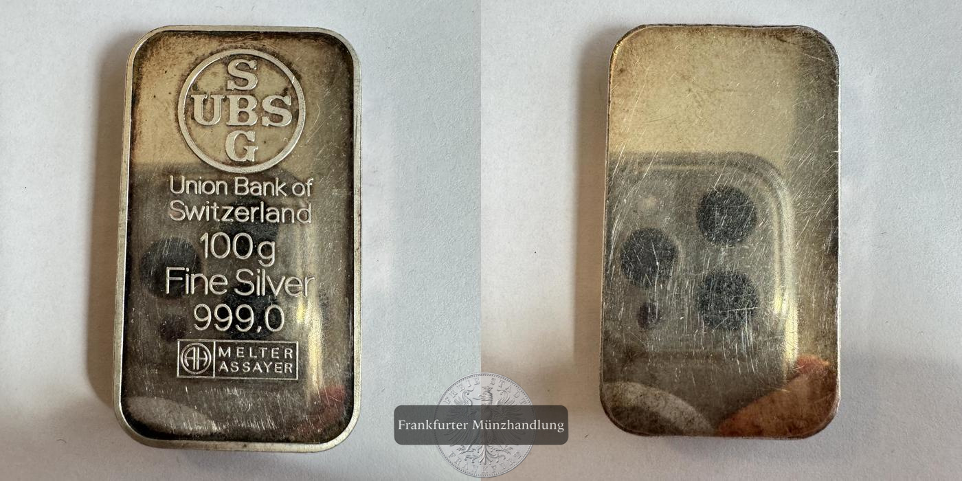  Schweiz  100g Silberbarren UBS  FM-Frankfurt  Feingewicht: 99,9g   