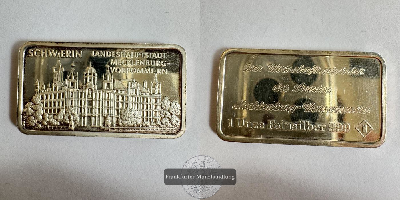 Deutschland Heraeus Silberbarren 1oz Schwerin FM-Frankfurt Feinsilber: 31,1g   