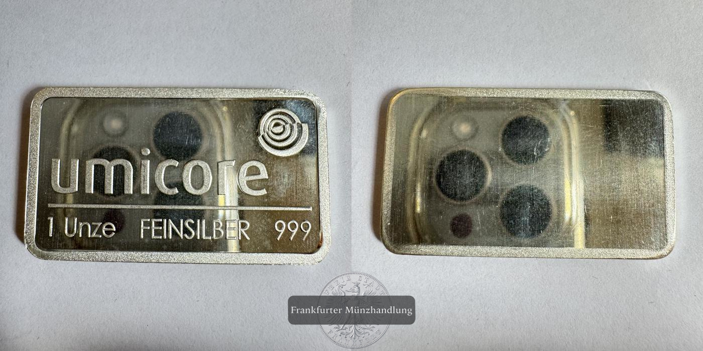  Umicore 1 Unze Silberbarren 0.999er FM-Frankfurt Feinsilber: 31,1g   