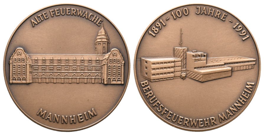  Bronzemedaille 1991; Alte Feuerwache Mannheim, 100 Jahre Berufsfeuerwehr; 21,52 g, Ø 40 mm   