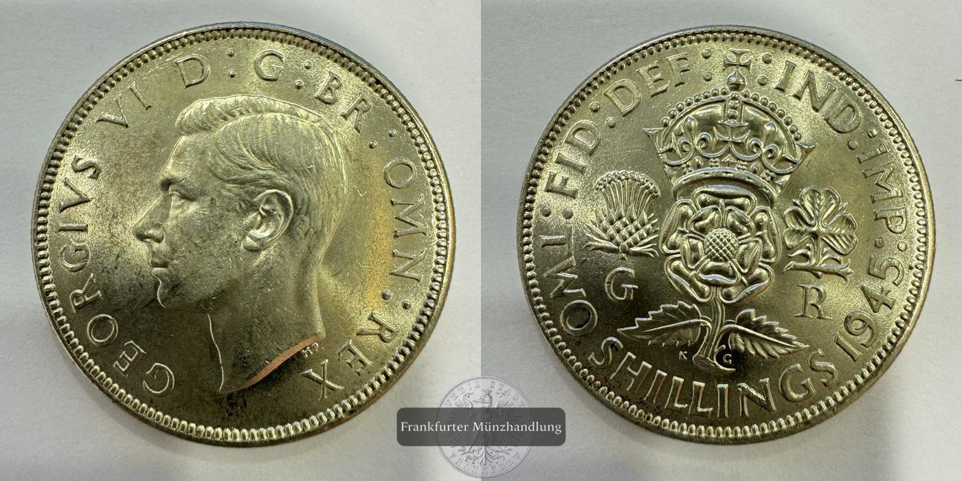  UK 2 Shillings George VI (with 'IND:IMP') 1945 FM-Frankfurt KM#855 Feinsilber: 5,70g   