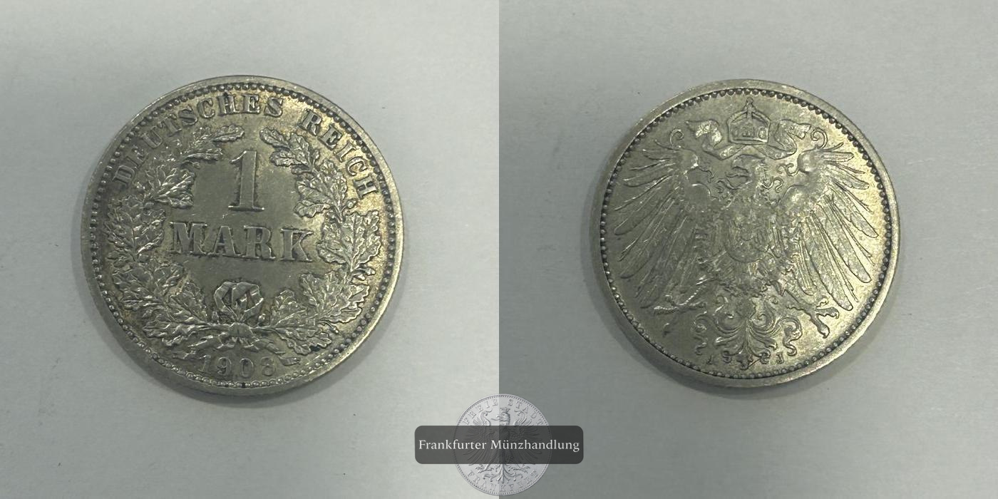  Deutschland 1 Mark (type 1 - large shield / small eagle) 1908 J FM-Frankfurt KM#14 Feinsilber: 5,00g   