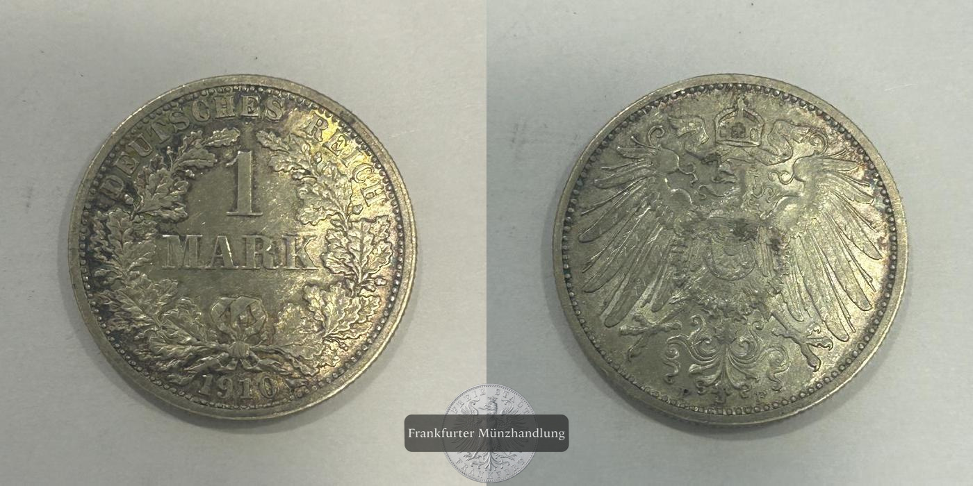  Deutschland 1 Mark (type 1 - large shield / small eagle) 1910 F FM-Frankfurt KM#14 Feinsilber: 5,00g   
