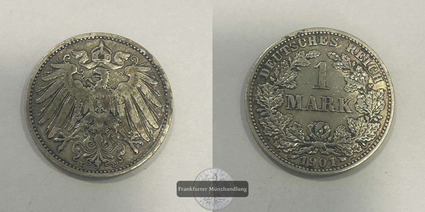  Deutschland 1 Mark (type 1 - large shield / small eagle) 1901 E FM-Frankfurt KM#14 Feinsilber: 5,00g   
