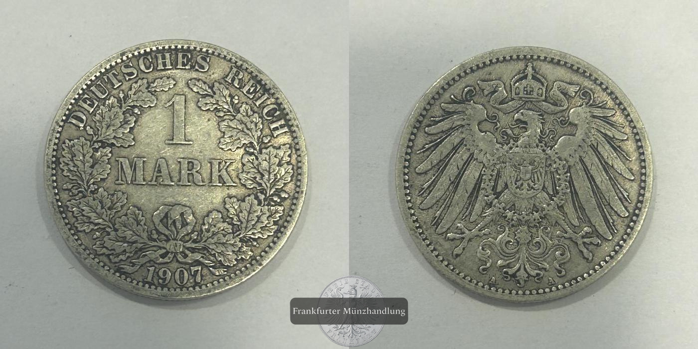 Deutschland 1 Mark (type 1 - large shield / small eagle) 1907 A FM-Frankfurt KM#14 Feinsilber: 5,00g   