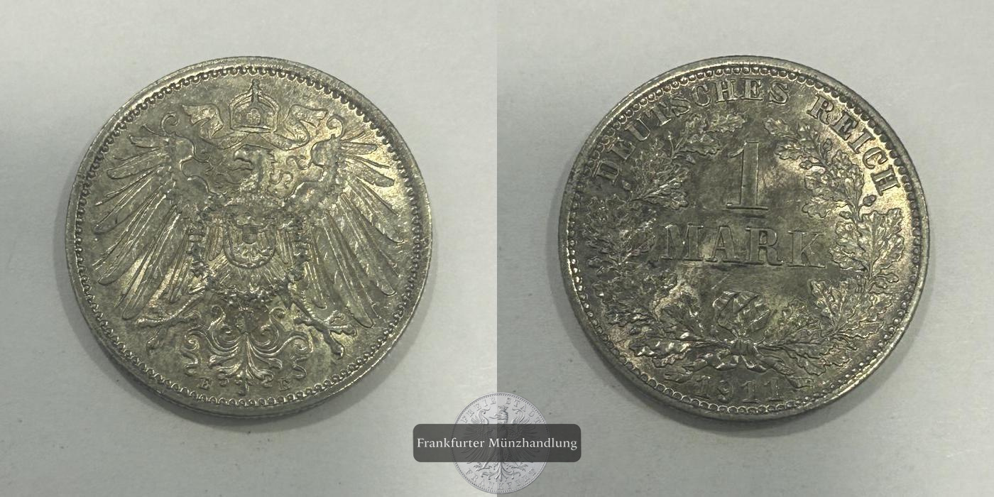 Deutschland 1 Mark (type 1 - large shield / small eagle) 1911 E FM-Frankfurt KM#14 Feinsilber: 5,00g   
