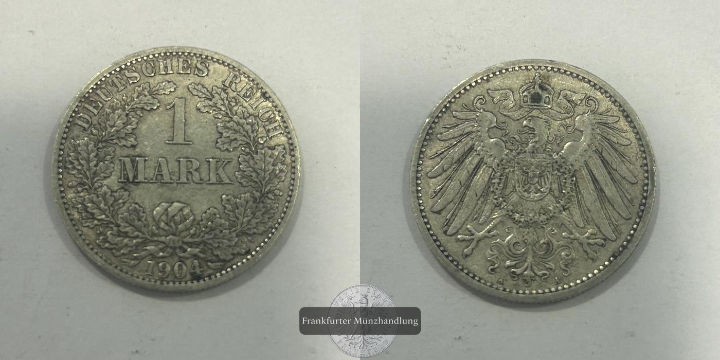  Deutschland 1 Mark (type 1 - large shield / small eagle) 1904 A FM-Frankfurt KM#14 Feinsilber: 5,00g   