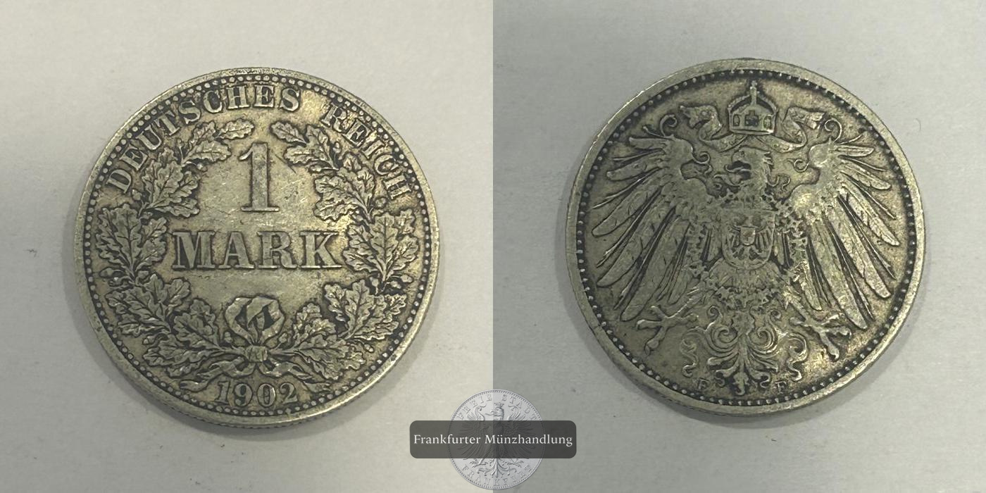  Deutschland 1 Mark (type 1 - large shield / small eagle) 1902 F FM-Frankfurt KM#14 Feinsilber: 5,00g   