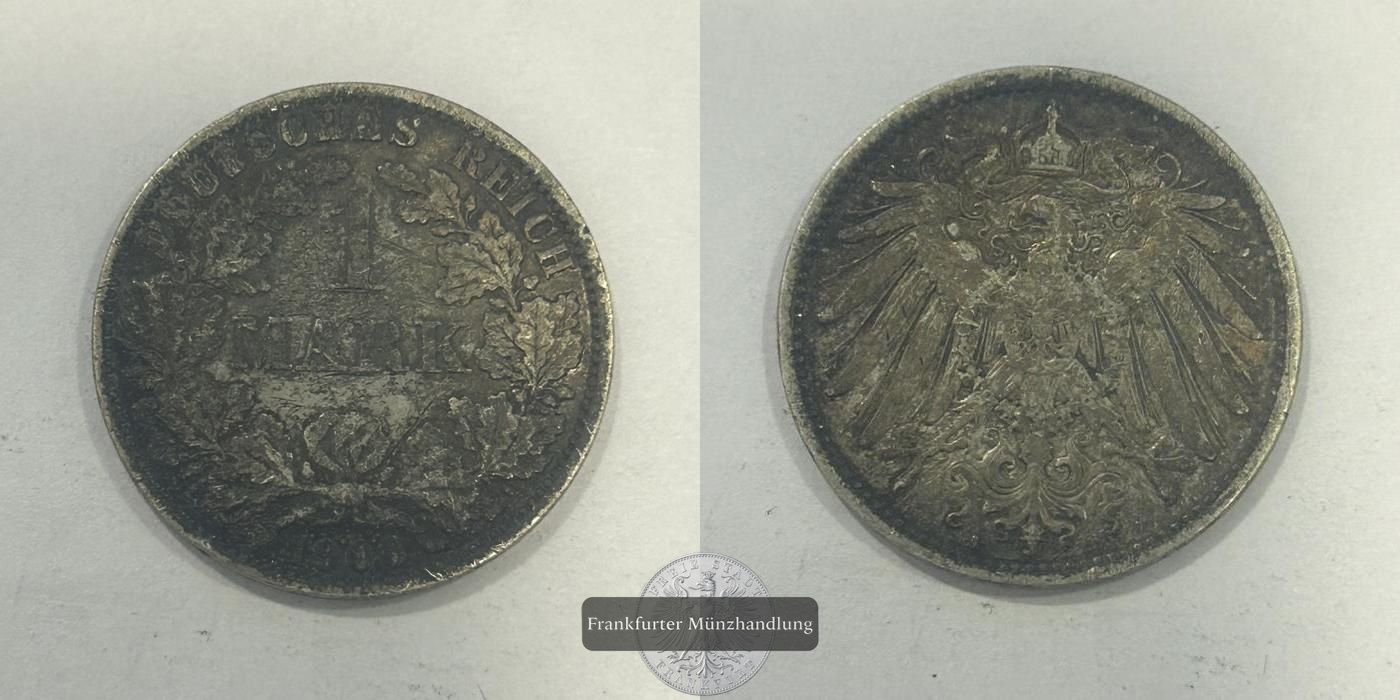  Deutschland 1 Mark (type 1 - large shield / small eagle) 1906 A FM-Frankfurt KM#14 Feinsilber: 5,00g   