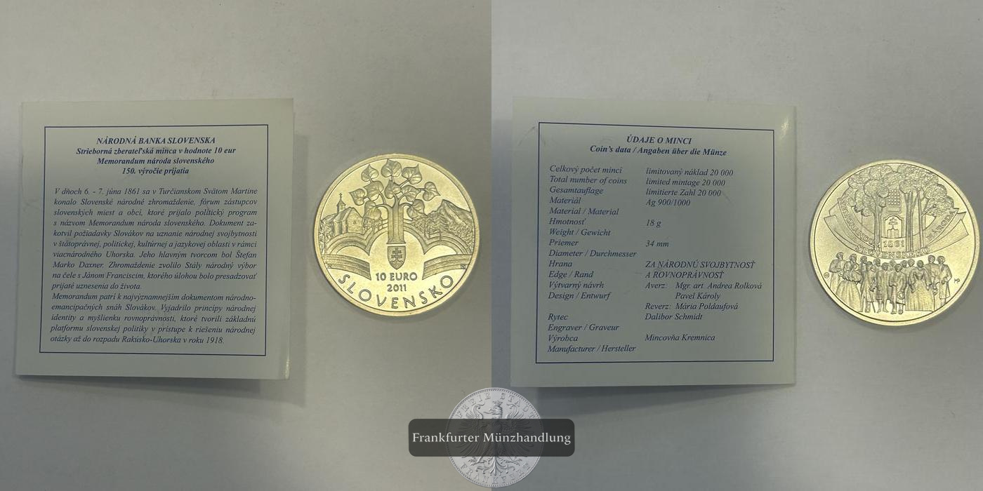  Slowakei 10 Euros (Memorandum of the Slovak Nation) 2011 FM-Frankfurt KM#116 Feinsilber: 16,200g   
