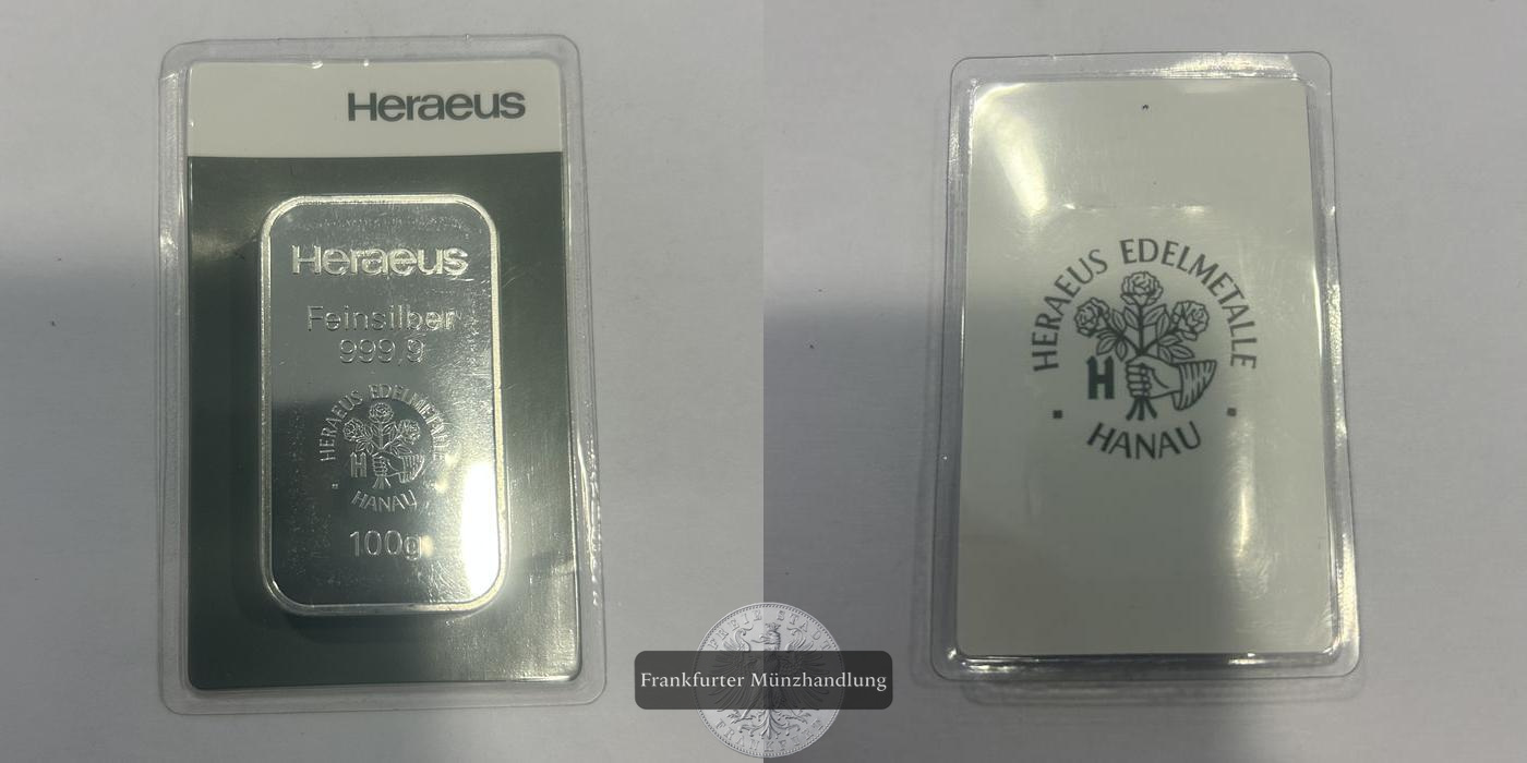  Deutschland Heraeus Silberbarren 0.999er 100g FM-Frankfurt   