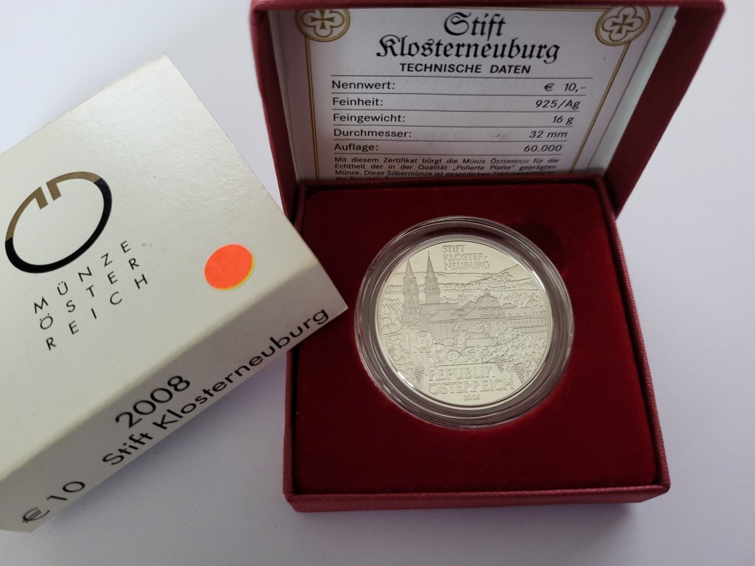  10 Euro 2008 Stift Klosterneuburg silber 925/16g fein Österreich Spittalgold9800 (4971/13   