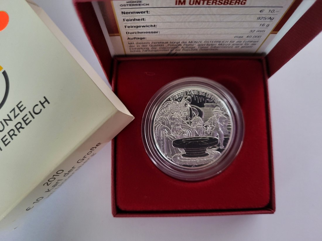  10 Euro 2010 Untersberg Karl der Große silber 925/16g fein Österreich Spittalgold9800 (4971/18   