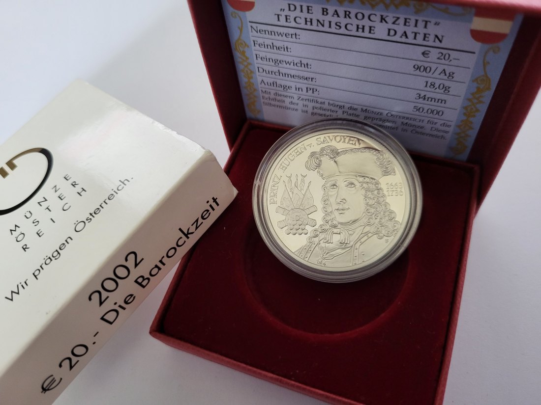  20 Euro 2002 Die Barockzeit 900/20g 18g fein silber Österreich Spittalgold9800 (5370   