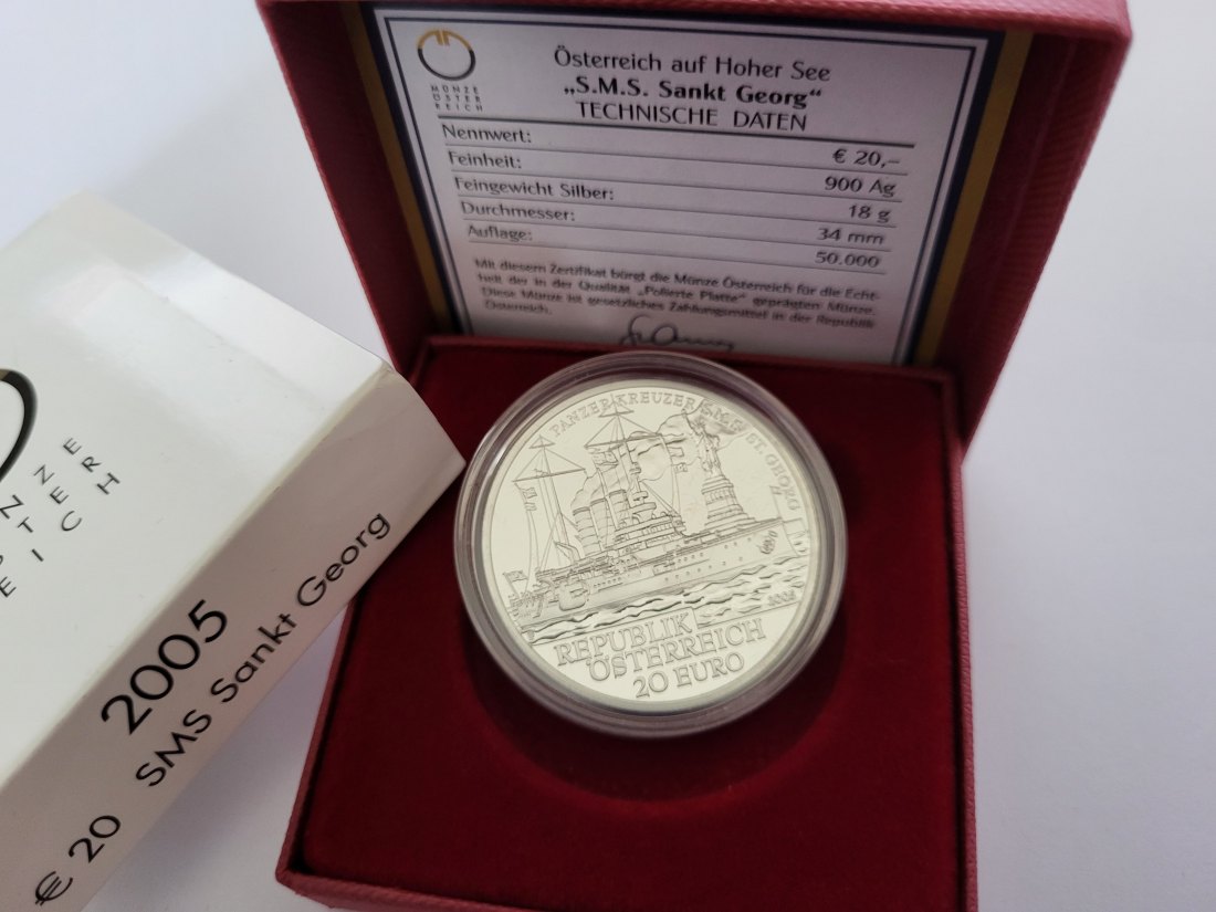  20 Euro 2005 SMS Sankt Georg 900/20g 18g fein silber Österreich Spittalgold9800 (5370   