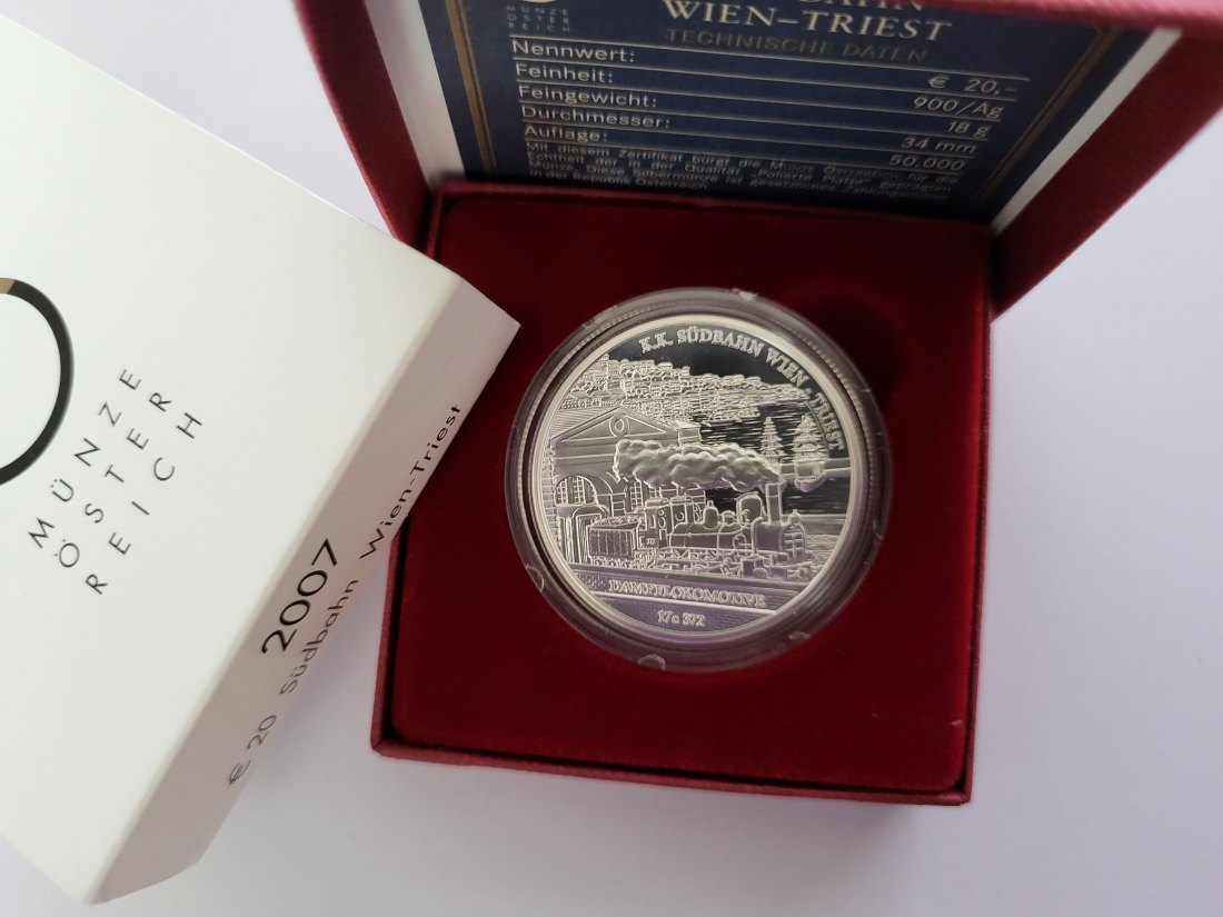  20 Euro 2007 Südbahn Wien - Triest 900/20g 18g fein silber Österreich Spittalgold9800 (5370   