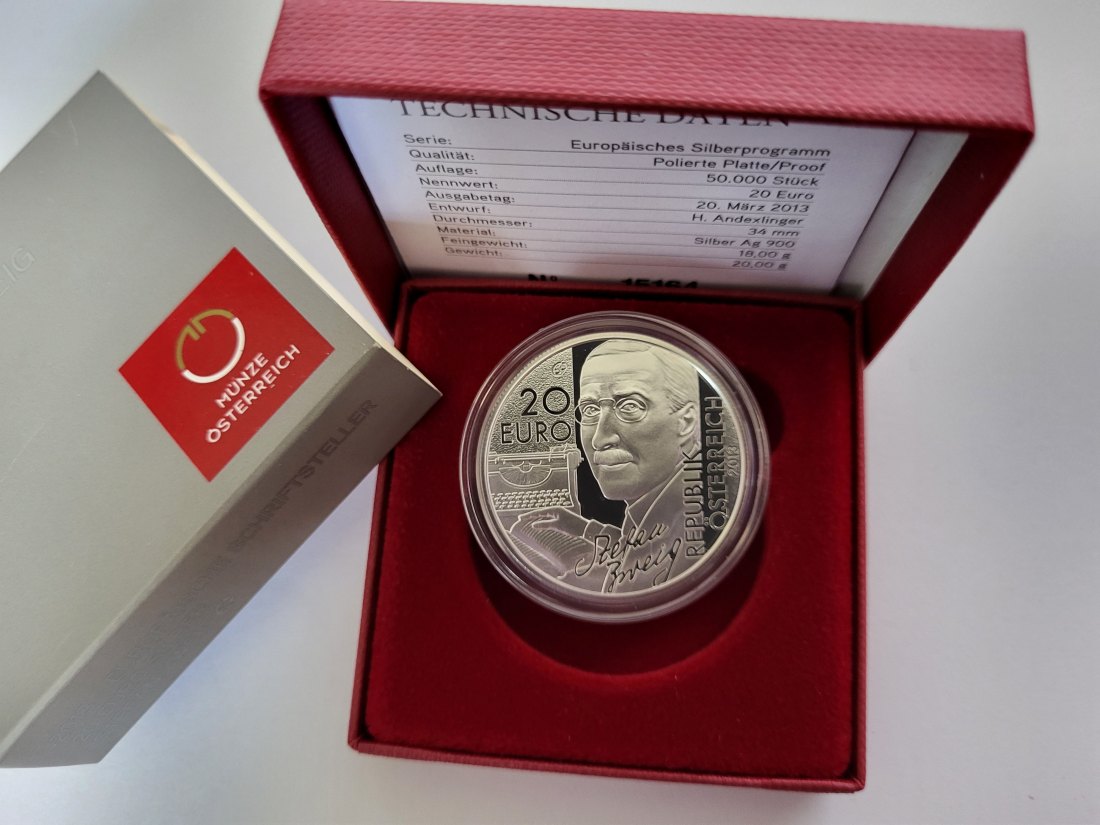  20 Euro 2013 Stefan Zweig Schriftsteller 900/20g 18g fein silber Österreich Spittalgold9800 (5370   