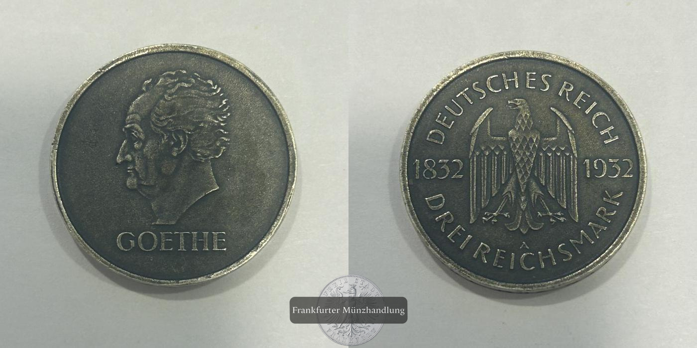  Deutschland 3 Reichsmark (Goethe) 1932 A FM-Frankfurt KM#76 Feinsilber: 7,500g   