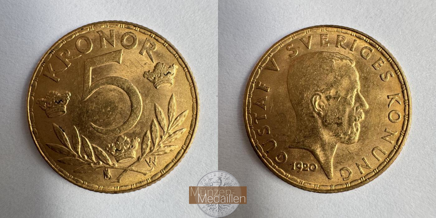  Schweden 5 Kronor Gustaf V 1920 MM-Frankfurt KM#797 Feingold: 2g   