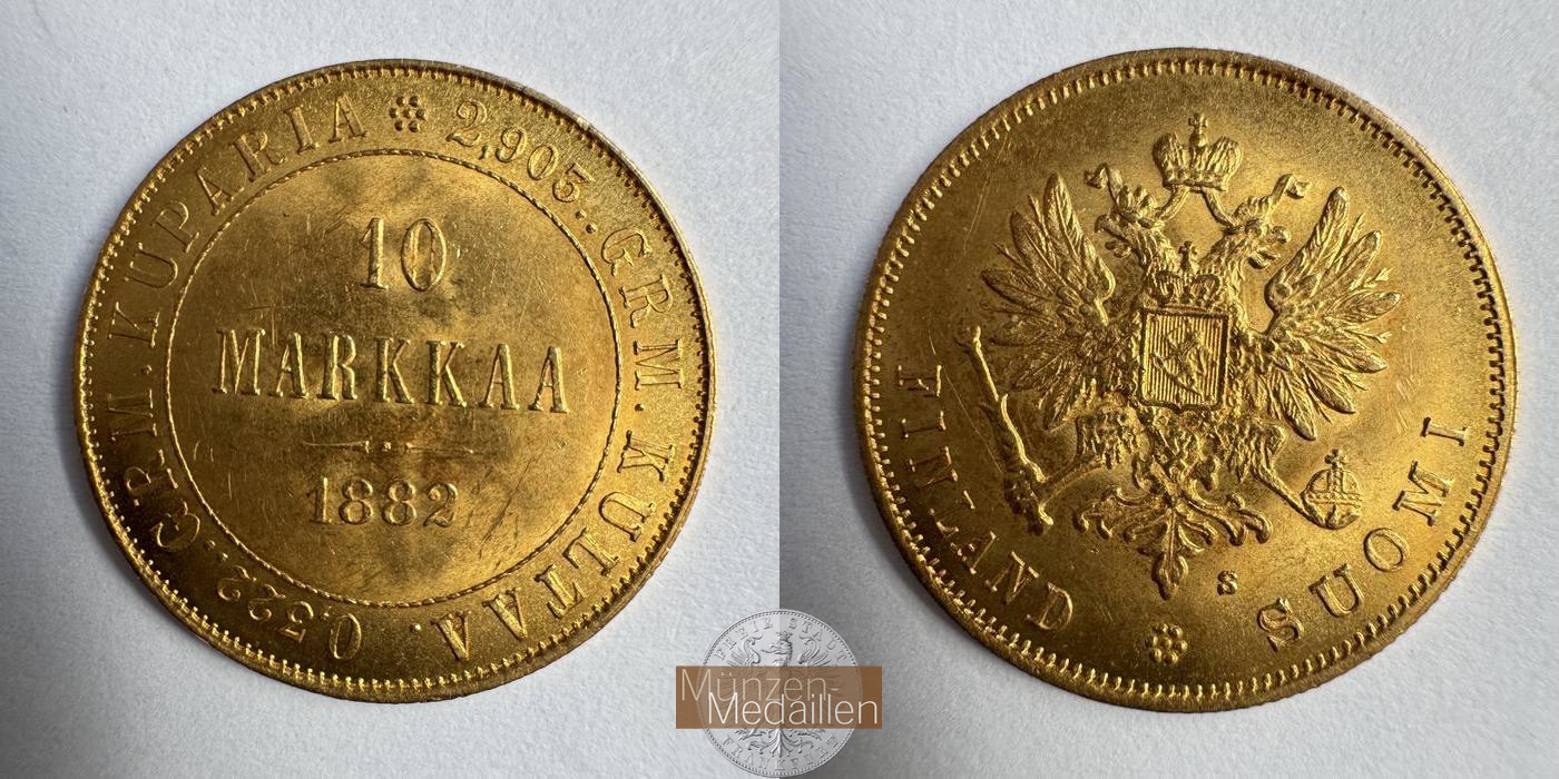  Finnland 10 Markkaa 1882 MM-Frankfurt KM#8 Feingold: 2,9g   