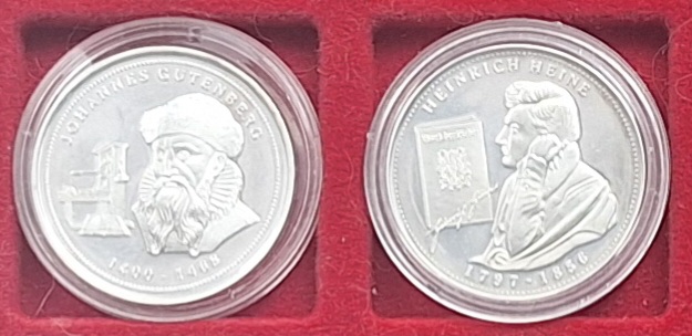  Medaillien-Lot Johannes Gutenberg und Heinrich Heine Silber gekapselt   