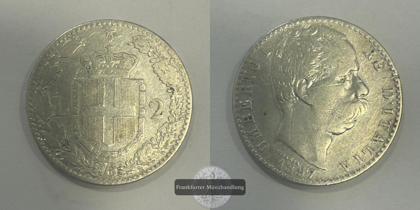  Italien 2 Lire - Umberto I 1881-1899 FM-Frankfurt KM#23 Feinsilber: 8,350g   